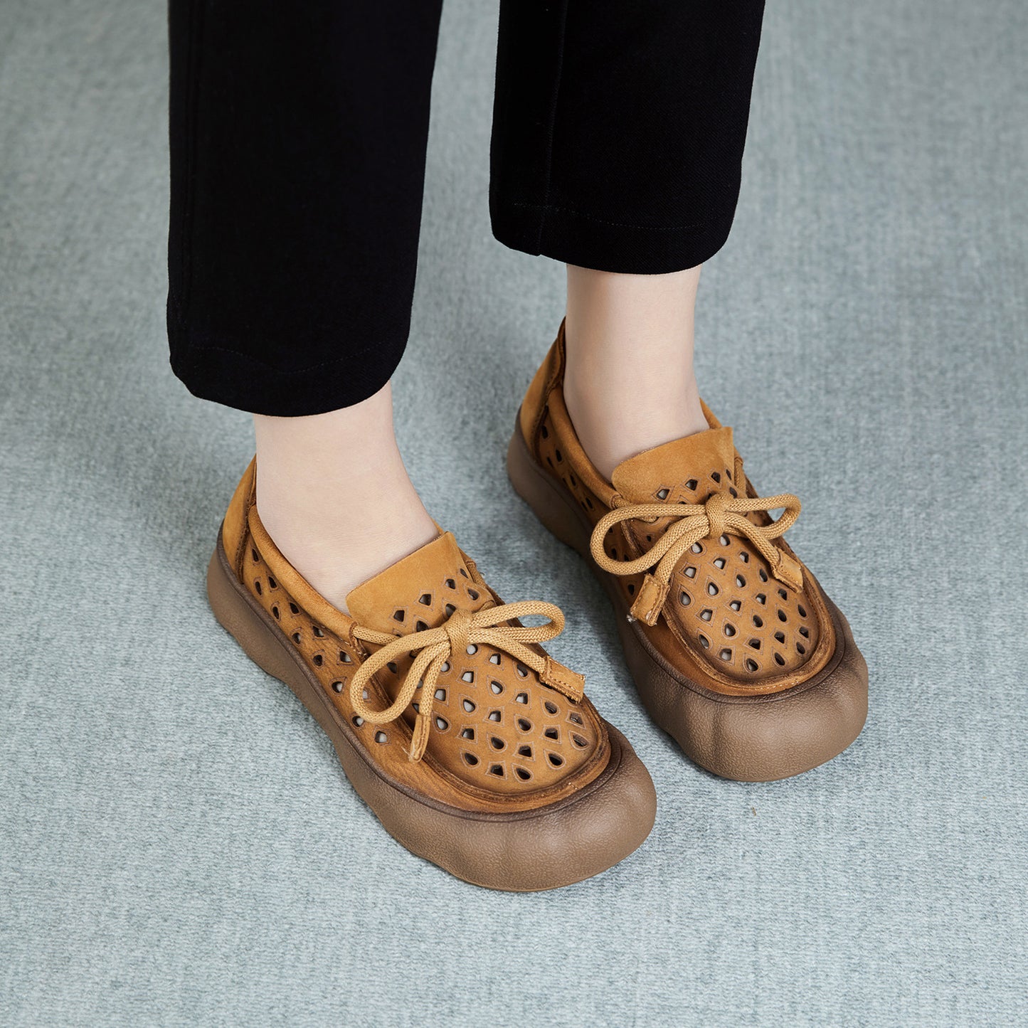 Genuine Flat Soft Bottom Retro Hollow Out Breathable Perforated Lace Casual Shoes