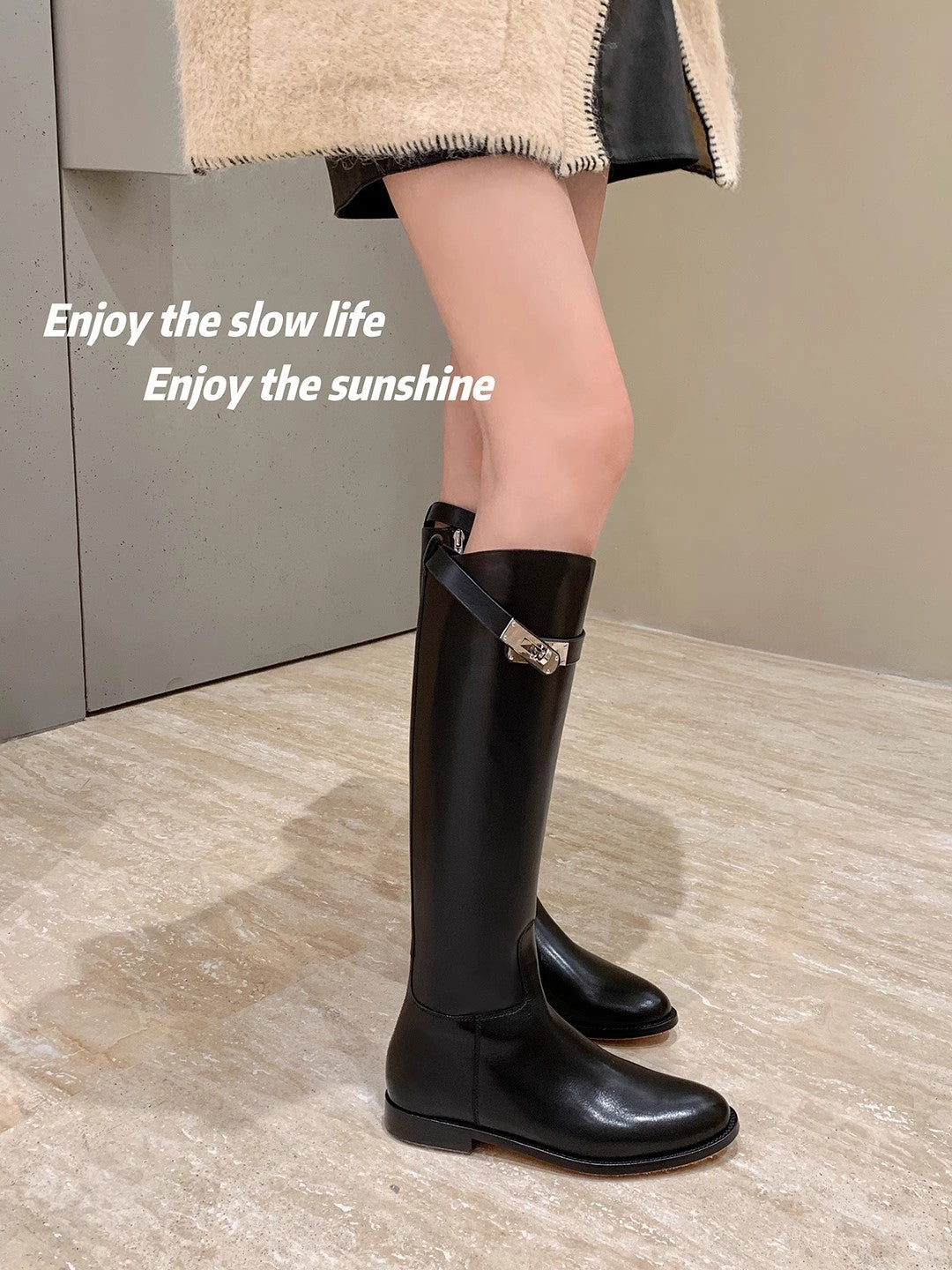 Women's Second Hair Genuine Oblique Lock Side Zipper Thick High Tube Women's Leather Boots