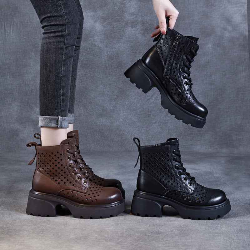Women's Layer Cowhide Retro British Platform Thin Hollow Genuine Breathable Hole Women's Leather Boots