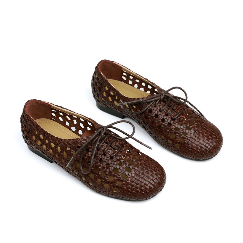 Women's Sheepskin Round Toe Hollow Out Woven Summer Flat Sandals