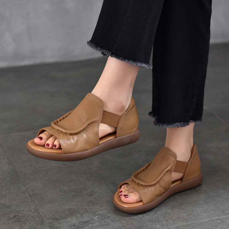 Women's Simple Genuine Summer Cowhide Hollow Open Toe Roman Style Elastic Flat Sandals