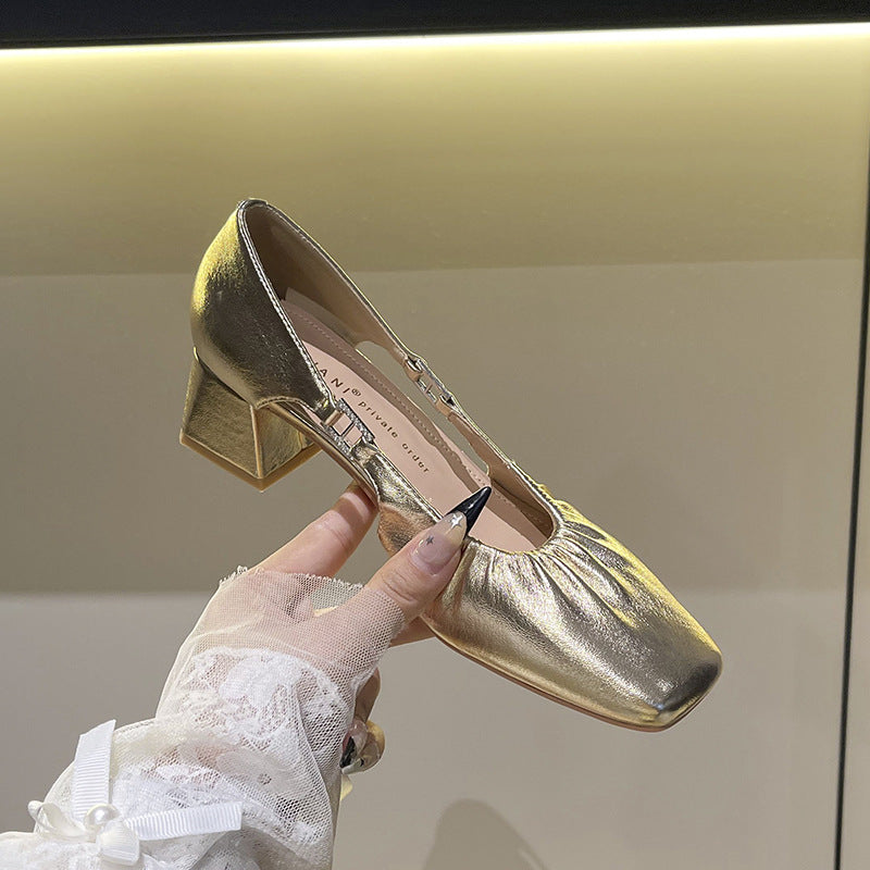 Entry Lux Elegant Pleated Chunky Mary Jane Female Square Toe Women's Fashion Shoes