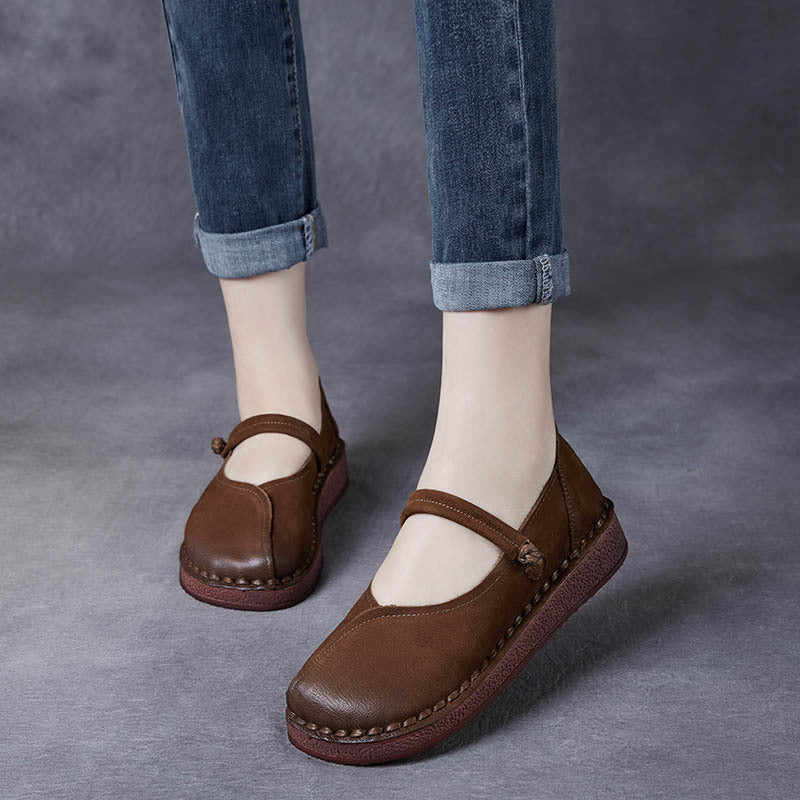 Women's Ethnic Style Top Layer Cowhide Handmade Shallow Mouth Soft Soled Casual Shoes