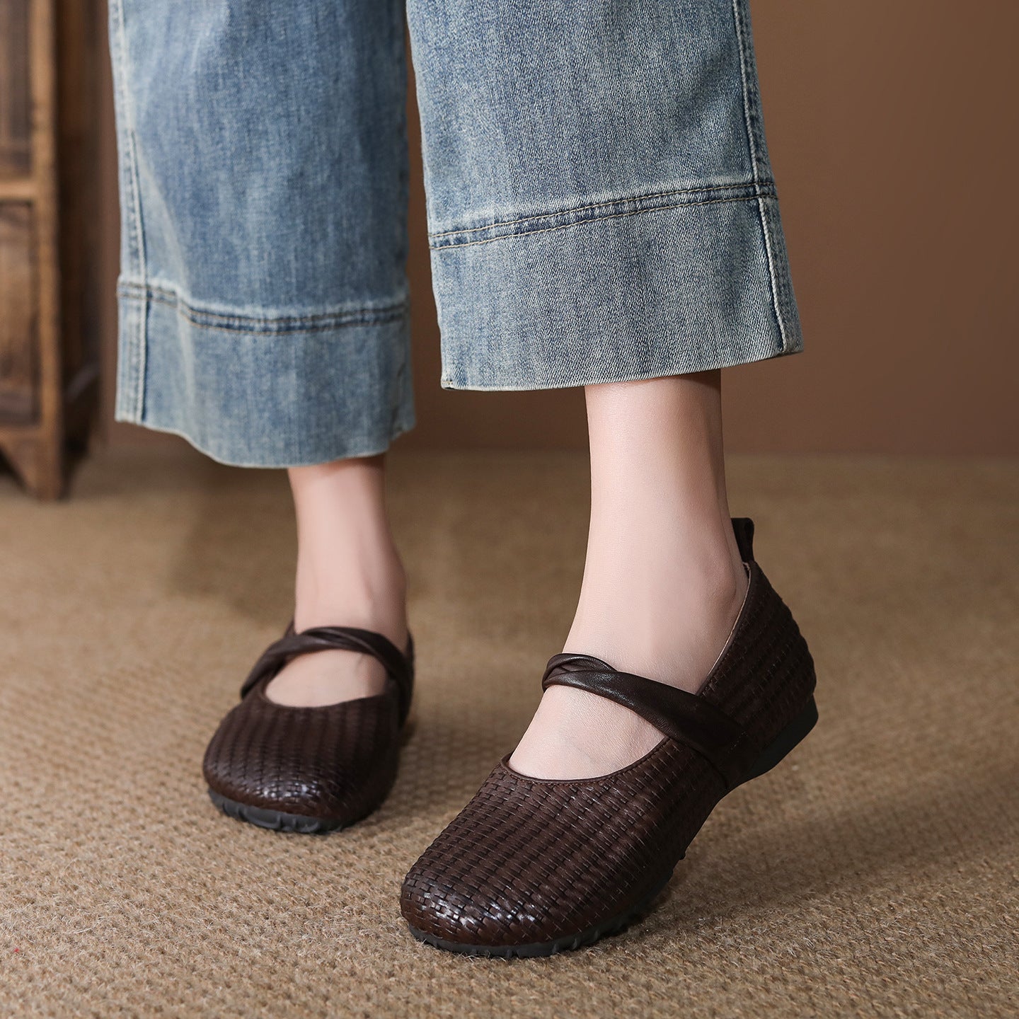 Women's First Layer Cowhide Spring Vintage Hand-woven Low-cut Flat Women's Casual Shoes
