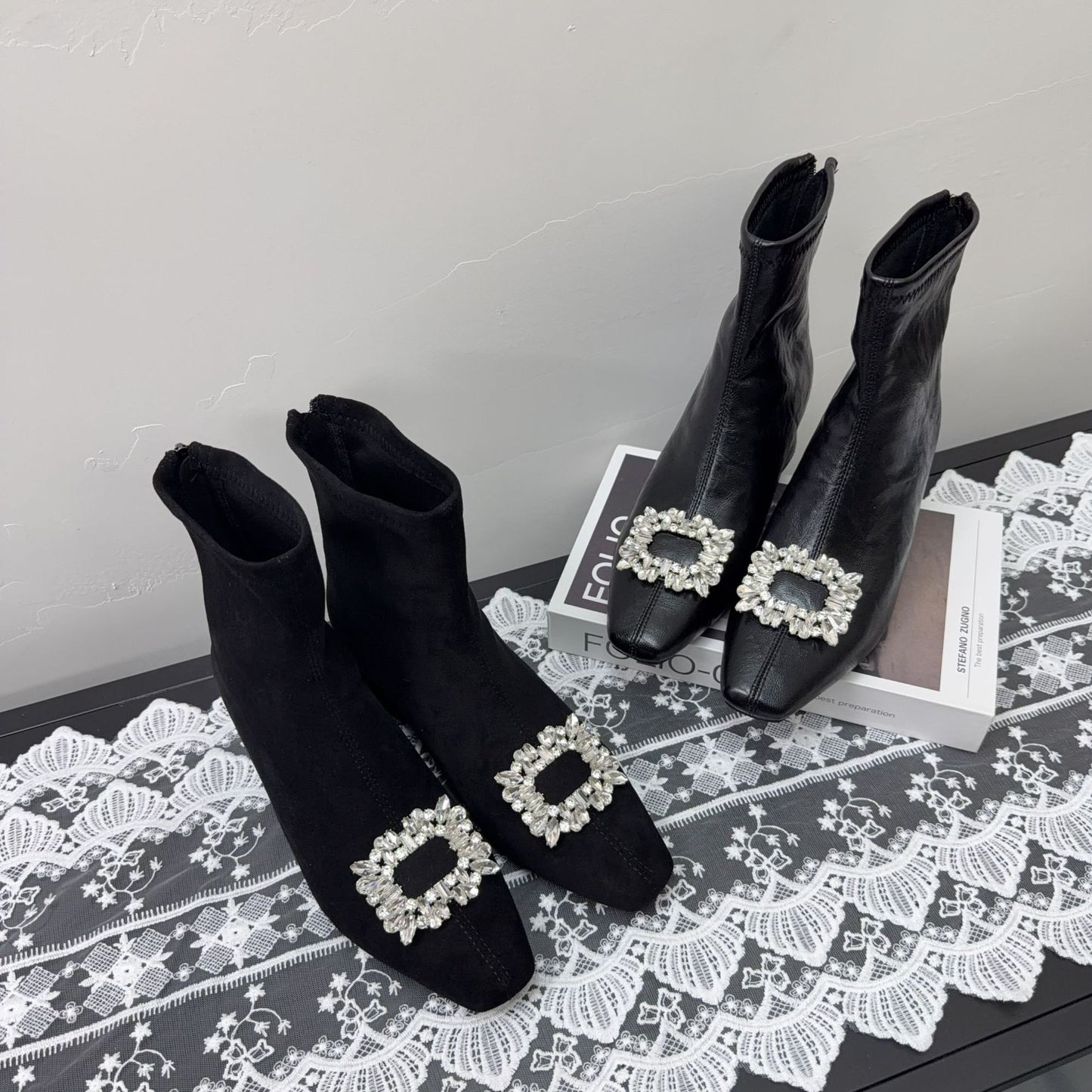 Women's Increasing Insole French Square Head Skinny Stiletto Ankle Fashion Women's Leather Boots