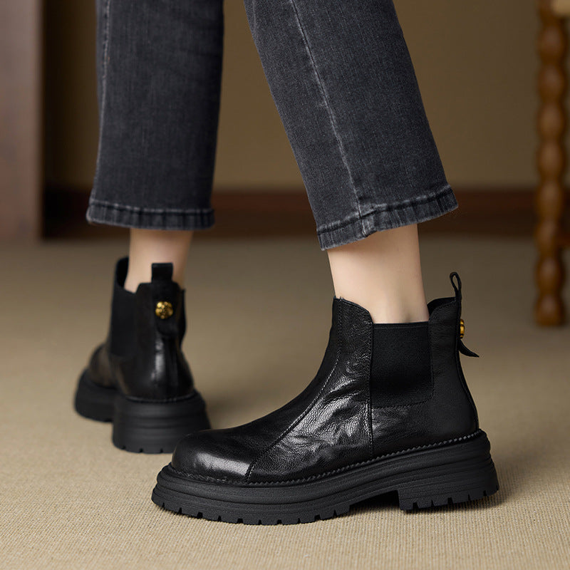 Women's Height Increasing Chelsea Booties Round Toe Vintage Slimming Women's Leather Boots