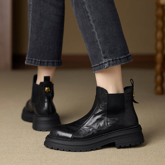 Women's Height Increasing Chelsea Booties Round Toe Vintage Slimming Women's Leather Boots