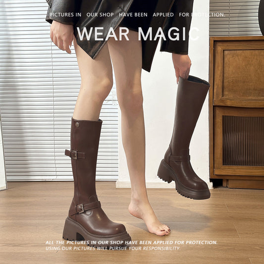 Thick Bottom Small High Leg Knight Stretch Women's Leather Boots