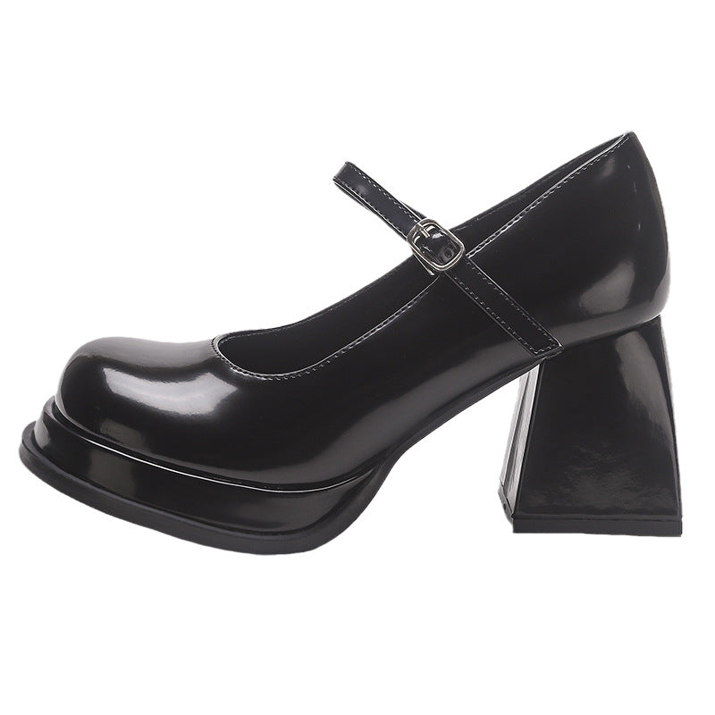 Women's Genuine Retro Preppy Style Chunky Pumps Black Leather Shoes