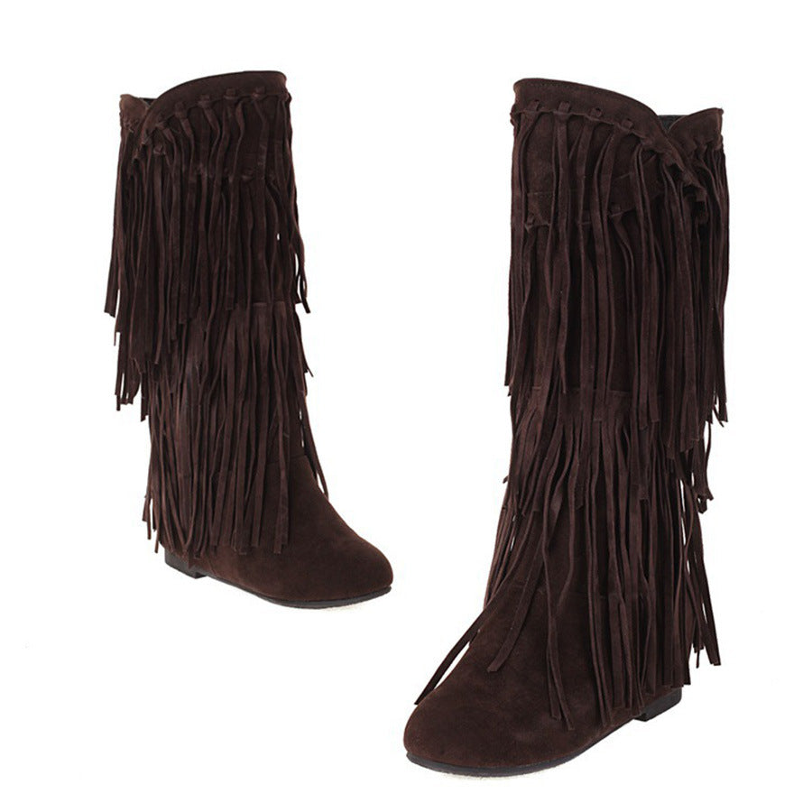 Women's Tassel Round Toe Invisible Elevated High Leg Long Women's Leather Boots