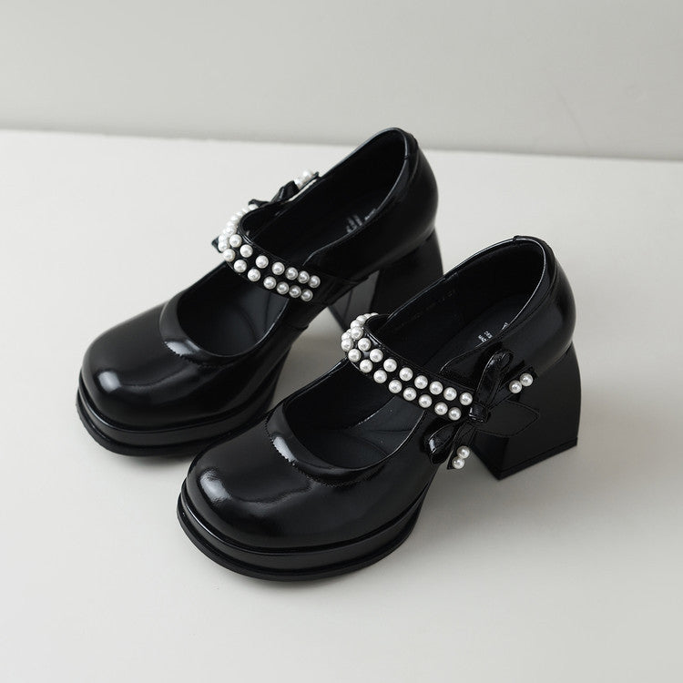 Women's Spring Pearl Strap Mary Jane High Pumps Waterproof Platform Round Women's Fashion Shoes