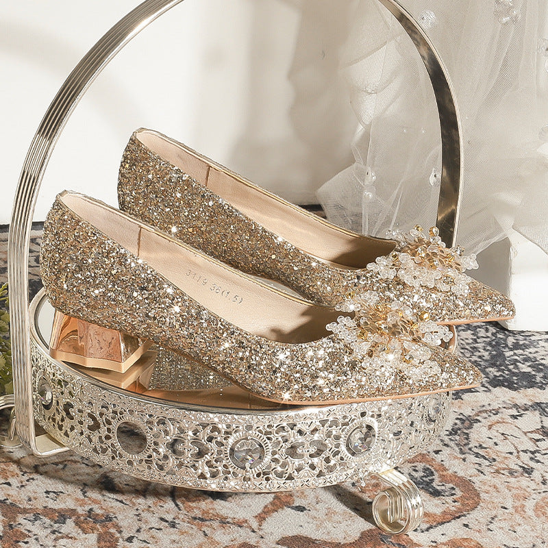 Women's Golden Wedding Bridal High Main Dress Not Tired Feet Pumps Heels