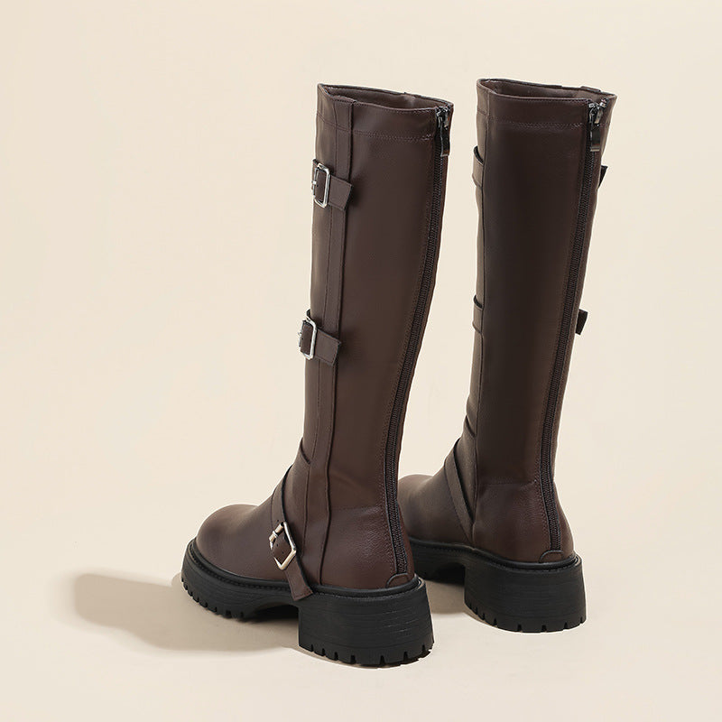 Children's Square Buckle Chunky British Style Middle Vintage Women's Leather Boots
