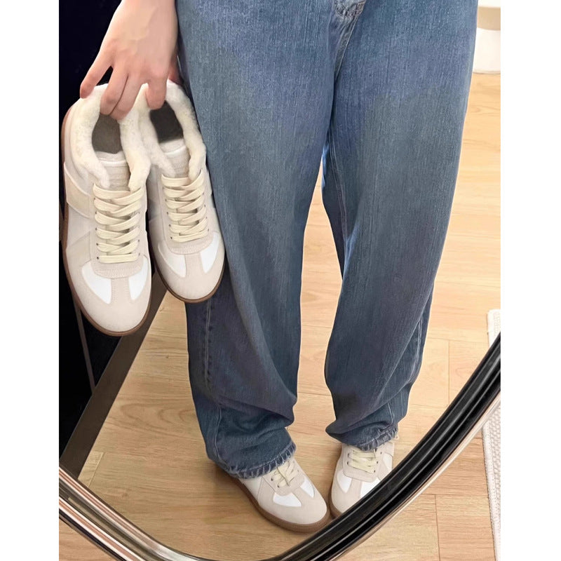 Women's Fleece-lined German Training Flat Fur White Casual Shoes