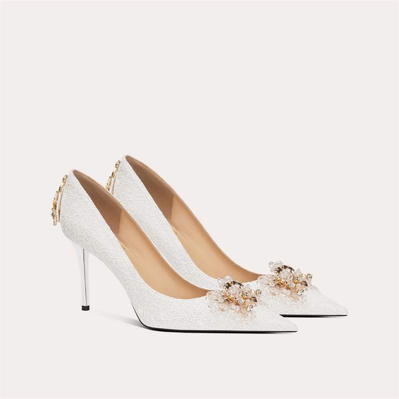Rhinestone High-heeled French Style Temperament Bridal High Lace Daily Women's Fashion Shoes