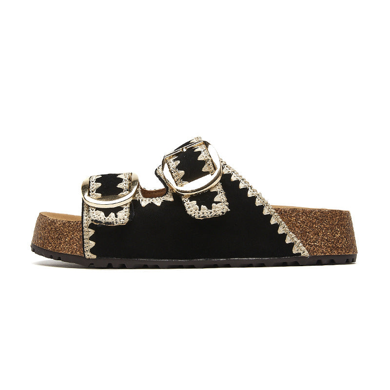 Women's Platinum Round Toe Vintage Buckle Platform Height Increasing Breathable Thick-soles Slippers