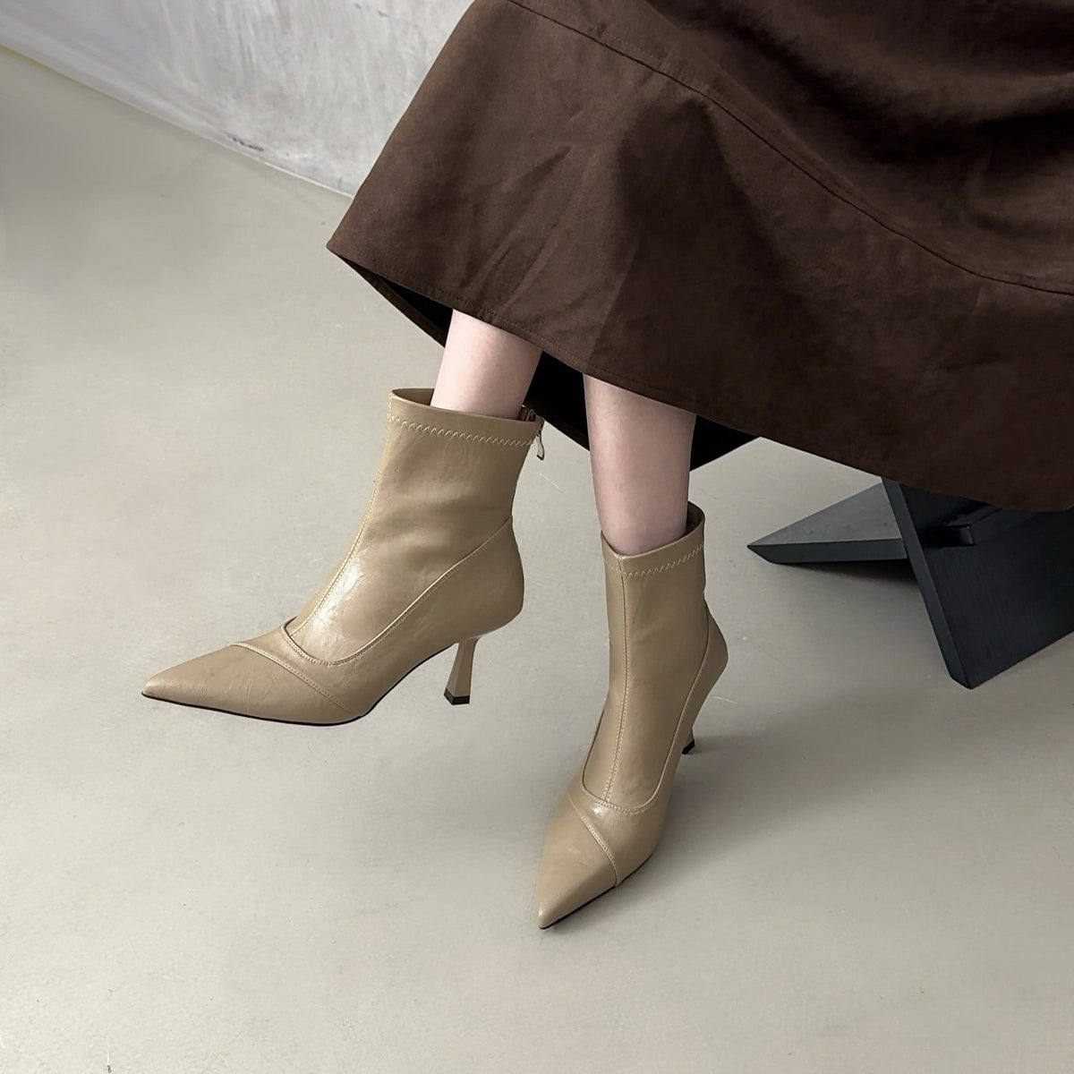 Women's High Back Zipper Stitching Short For French Style Design Stiletto Women's Leather Boots