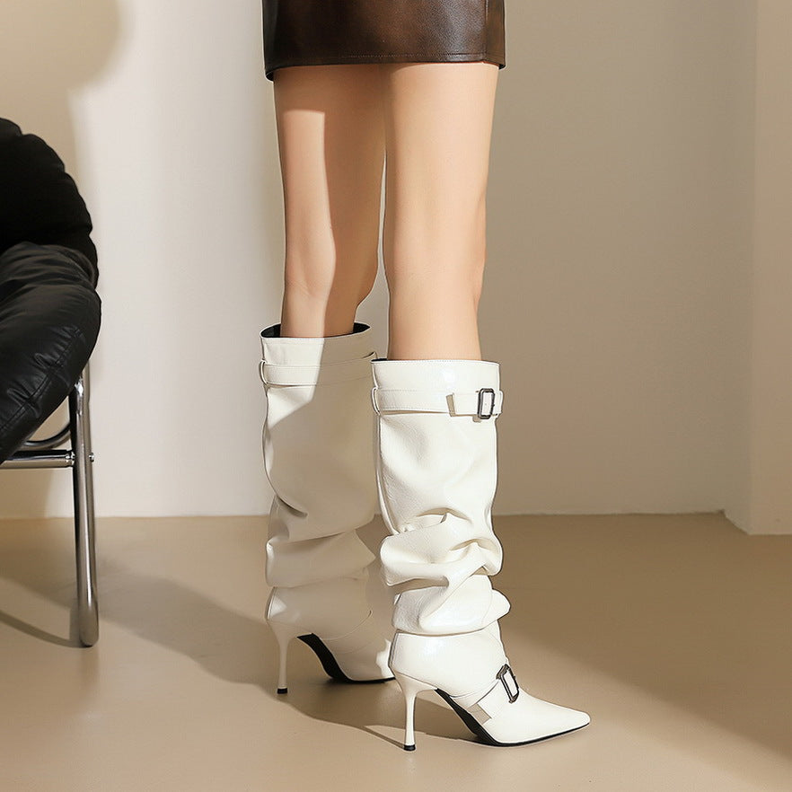 Women's Stiletto Below The Knee Pointed Toe Pleated Belt Buckle Pile Boots