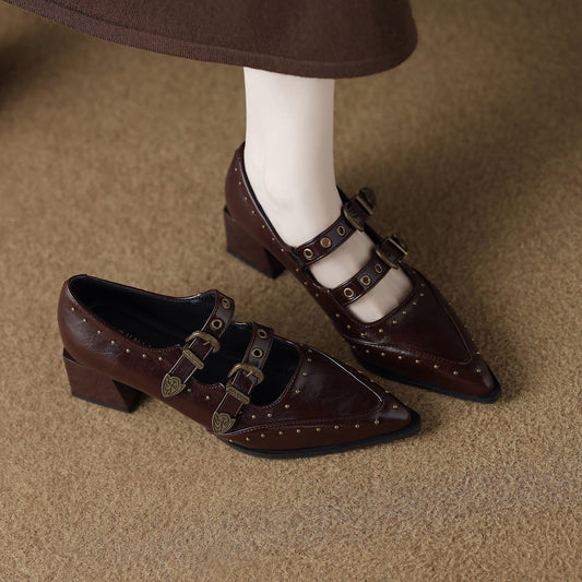 Women's Metal Buckle Thick Small Single-layer Shallow Mouth Pointed Temperament Mary Heels