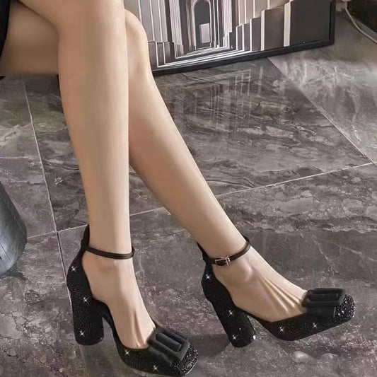 Grape Mom Bowknot Closed Toe Female Square Hollow Strap Buckle High Heeled Sandals