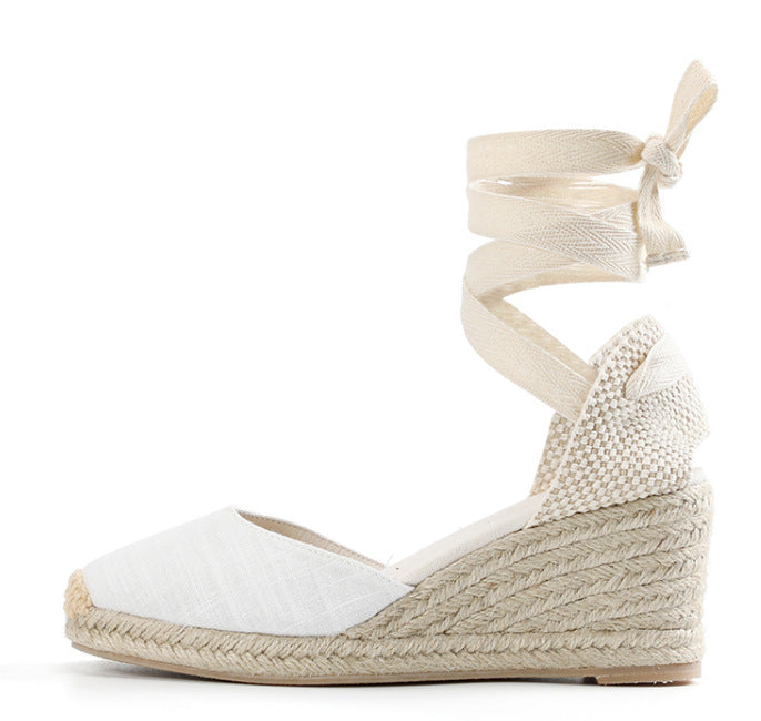 Women's Solid Color Hemp Sole Strap Wedge Sandals