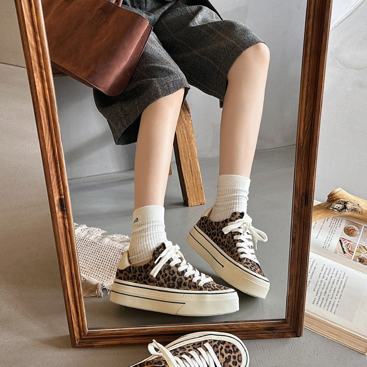 Women's Leopard Print Lace Up Platform Height Increasing Skinny Pumps First Women's Board Shoes