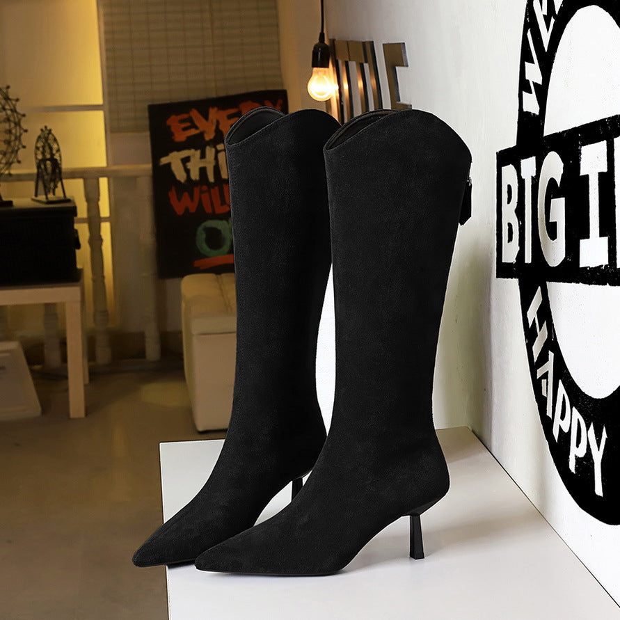 Women's Stiletto Pointed Toe V-shaped Mouth Skinny Fashionable Below Women's Leather Boots