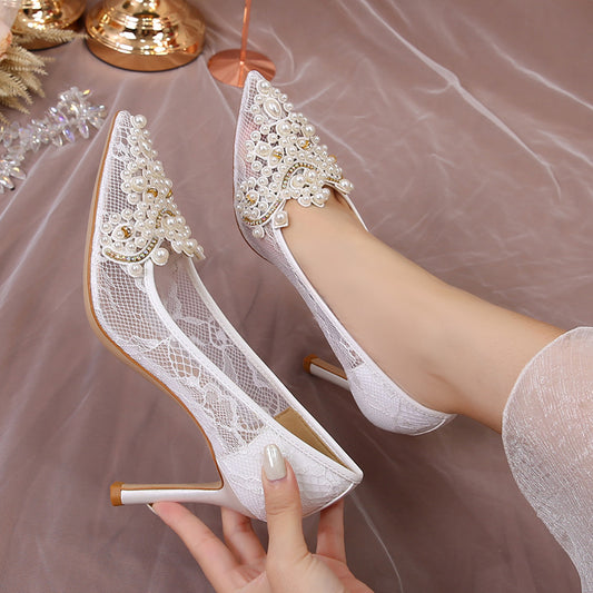 Women's High Hollowed Pumps Mesh Pearl Stiletto Heels