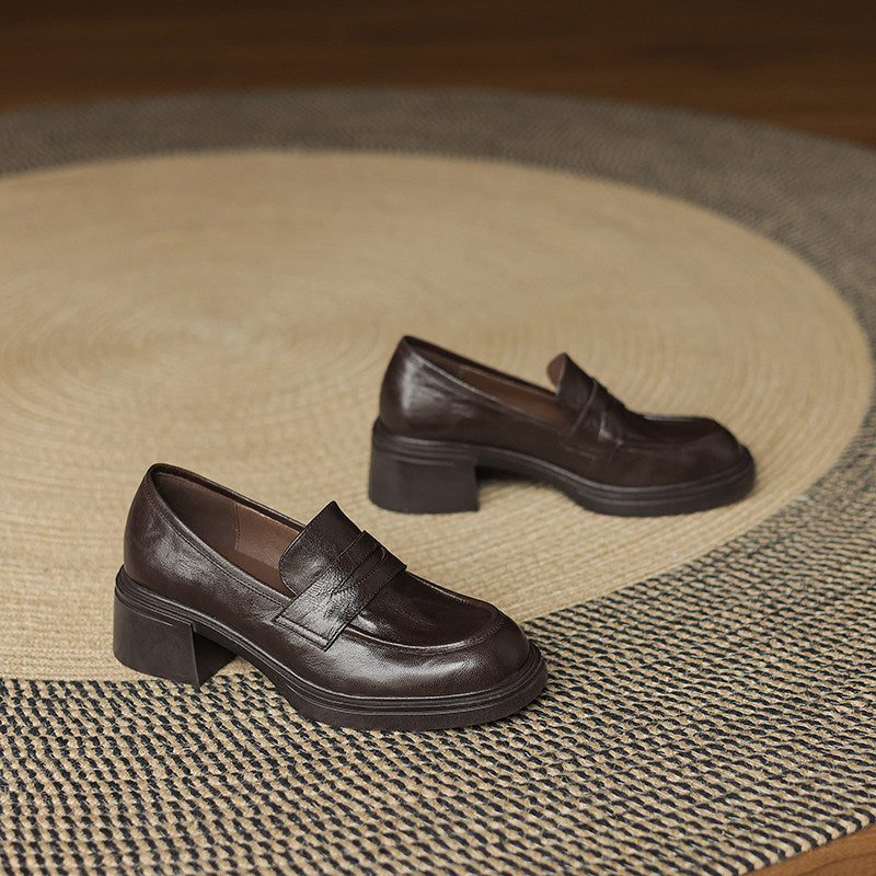 Women's Retro Chunky Slip-on Round Toe Pumps Genuine Loafers