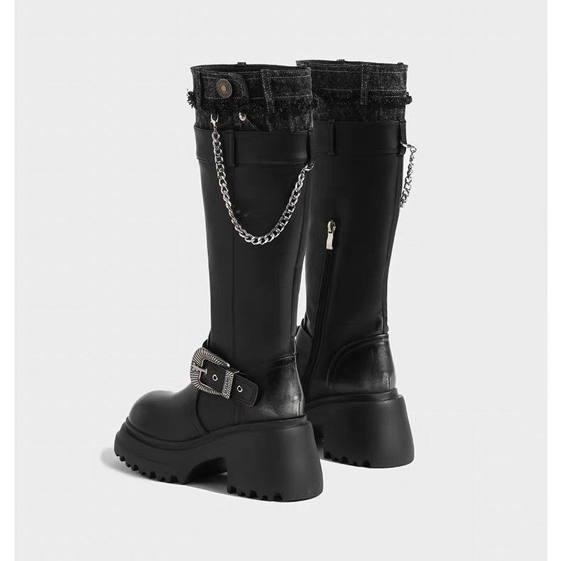 Women's Round Head Thick Bottom Knight Fashionable Stitching Women's Leather Boots