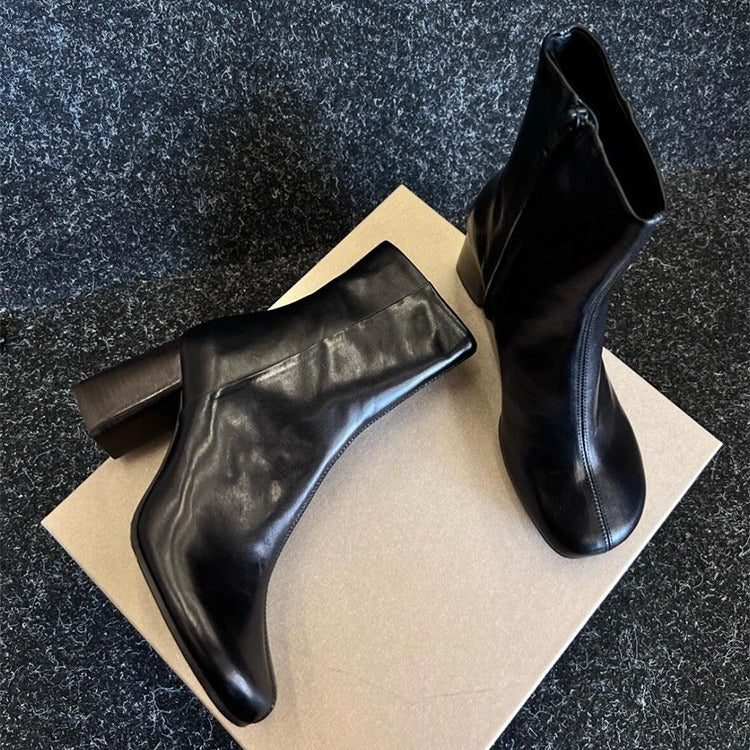Women's Cowhide Side Zipper Fashion Short Chunky High Martin Heels
