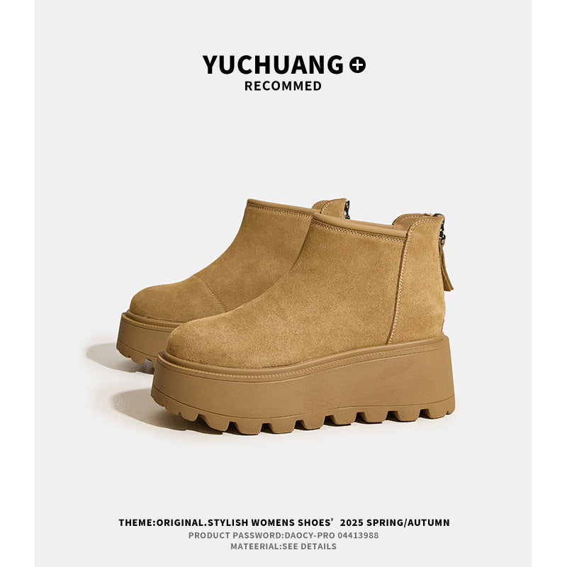 Women's Cow Suede Platform Ankle Early Autumn Matte Hidden High-grade Retro Women's Leather Boots