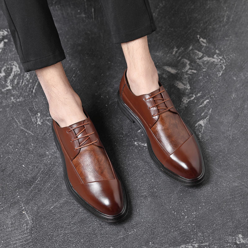 Men's Genuine Brown Lace Thick Bottom Pointed Toe Green Korean Leather Shoes