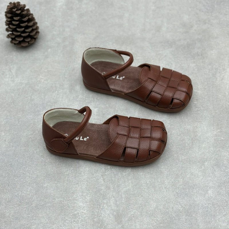 Women's Handmade Genuine Summer Woven Super Soft Bottom Surface Low Block Flat Sandals