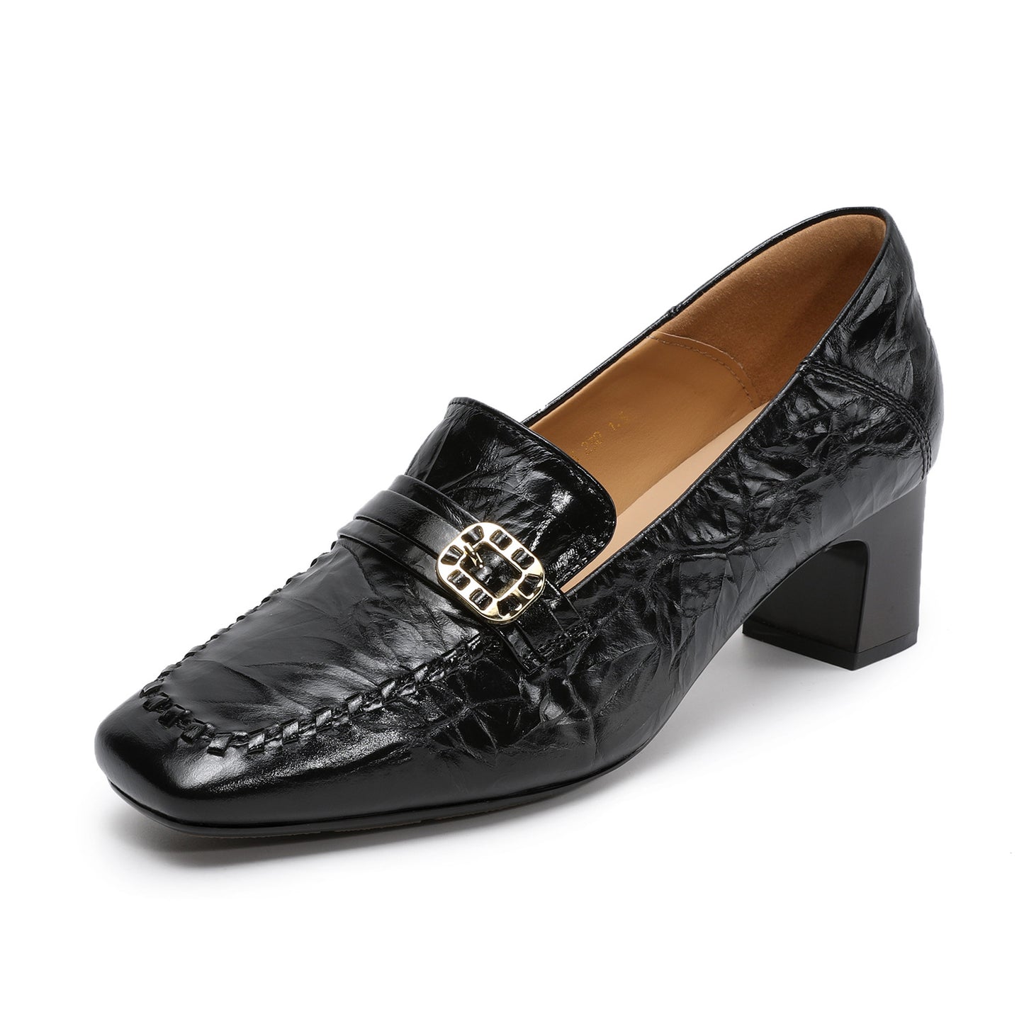 Women's Cowhide Light Luxury British Spring Comfortable Square Toe Slip-on Chunky Heels