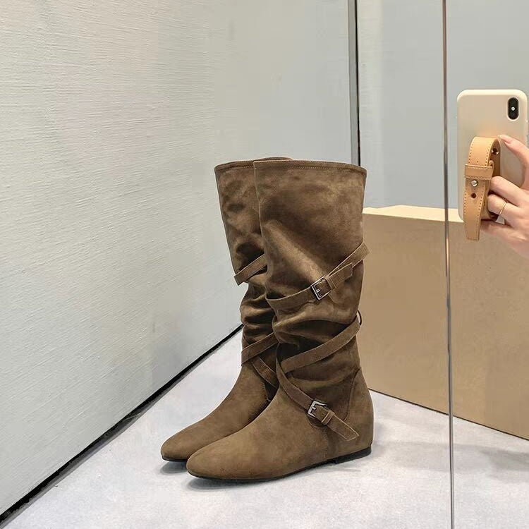 Pile Style Height Increasing Insole Buckle Length Loose Socks Women's Leather Boots