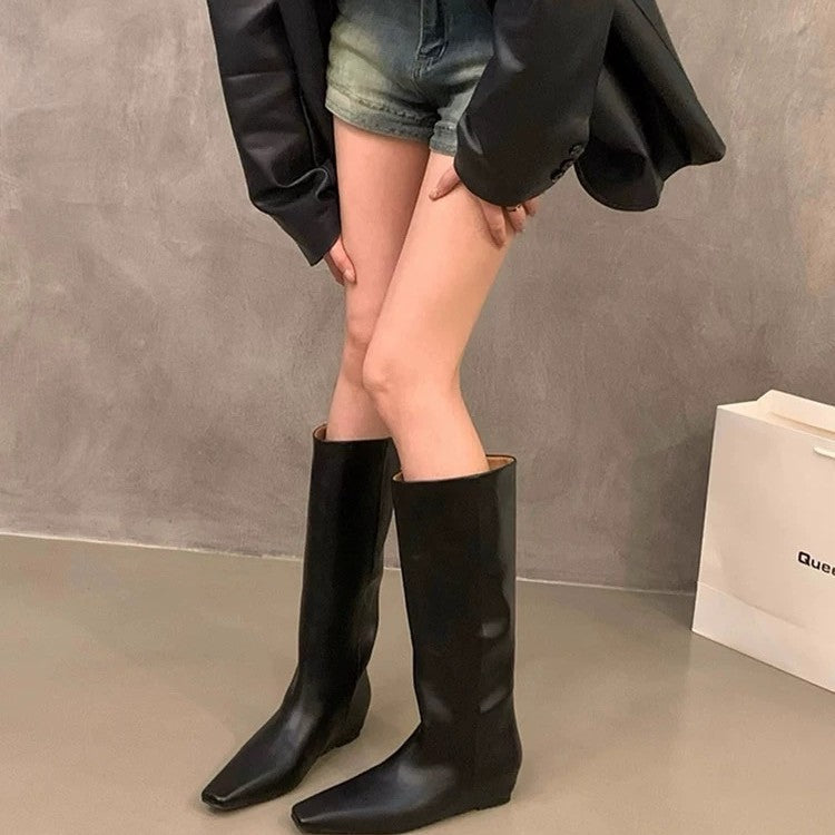Increasing Insole Below The Knee Comfortable Cowhide Wide Tube Square Women's Leather Boots