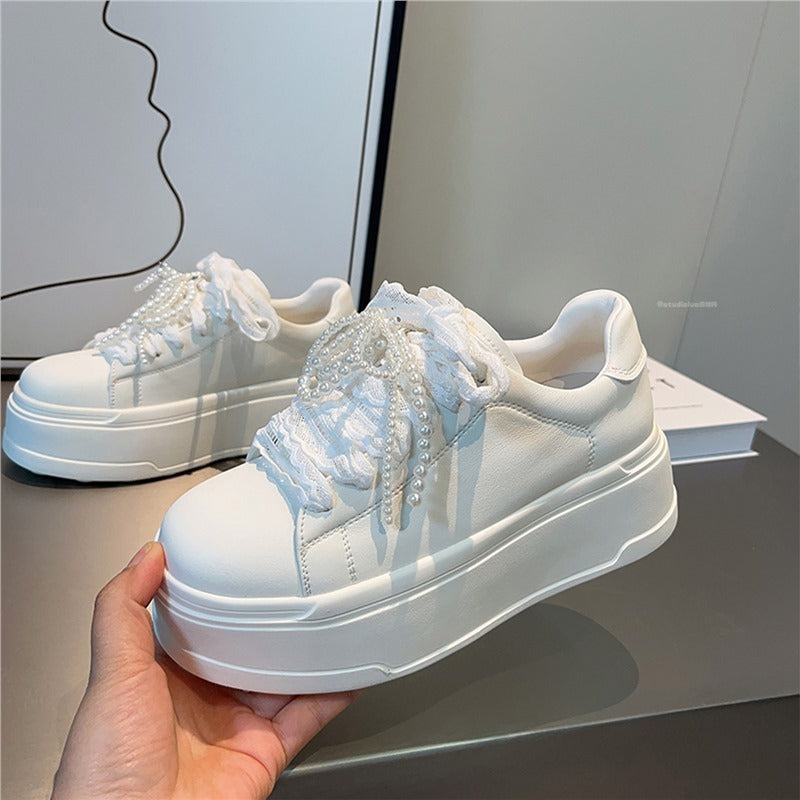Women's White Trendy Bow Pearl Chain Platform Height Women's Casual Shoes