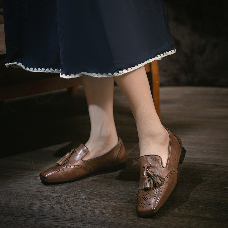 Women's Square Head Light Luxury First Layer Cowhide Tassel Slip-on Pumps Women's Casual Shoes