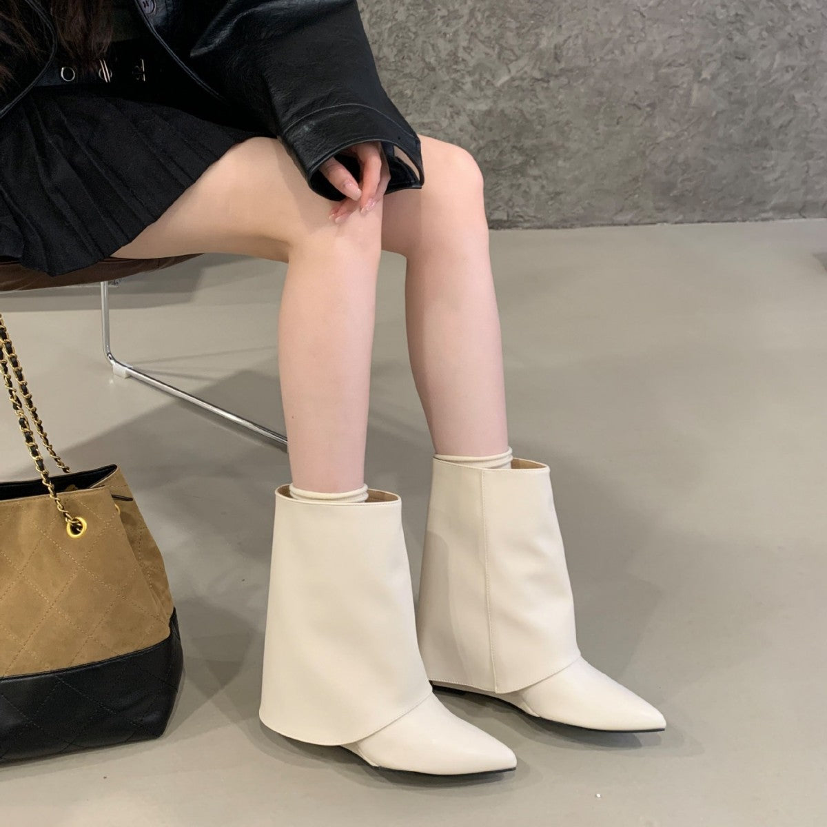 Women's High-heel Wedge Pointed Toe Pantyhose Sleeve Fashion Women's Leather Boots