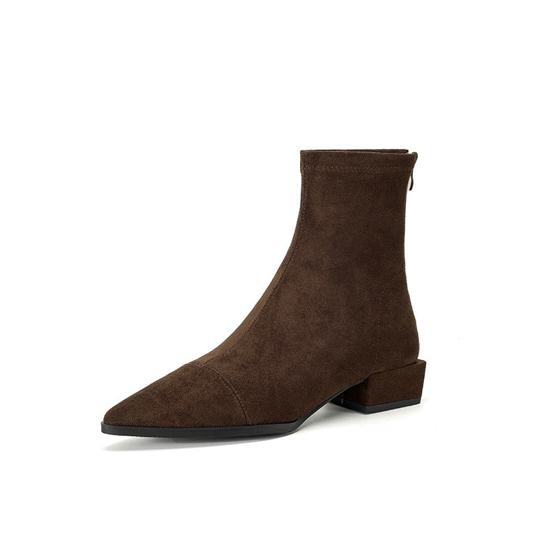 Women's Version Stretch Thin Slim Back Zipper Ankle Thick French Women's Leather Boots