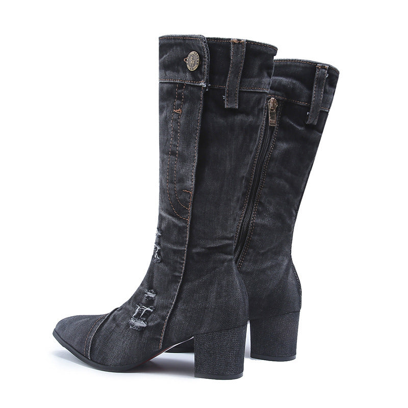 The Knee Thick Flanging Pointed Mid Boots