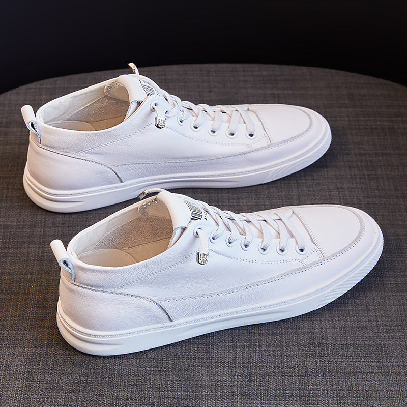 Women's Summer High Top White First Layer Cowhide Breathable Flat Leisure Heels