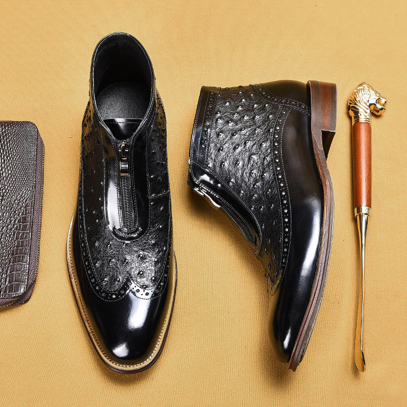 Men's Ostrich Grain Embossed Zipper Pointed Martin Boots