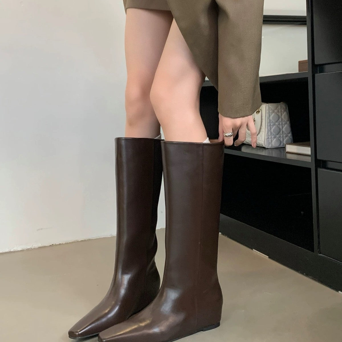 Increasing Insole Below The Knee Comfortable Cowhide Wide Tube Square Women's Leather Boots