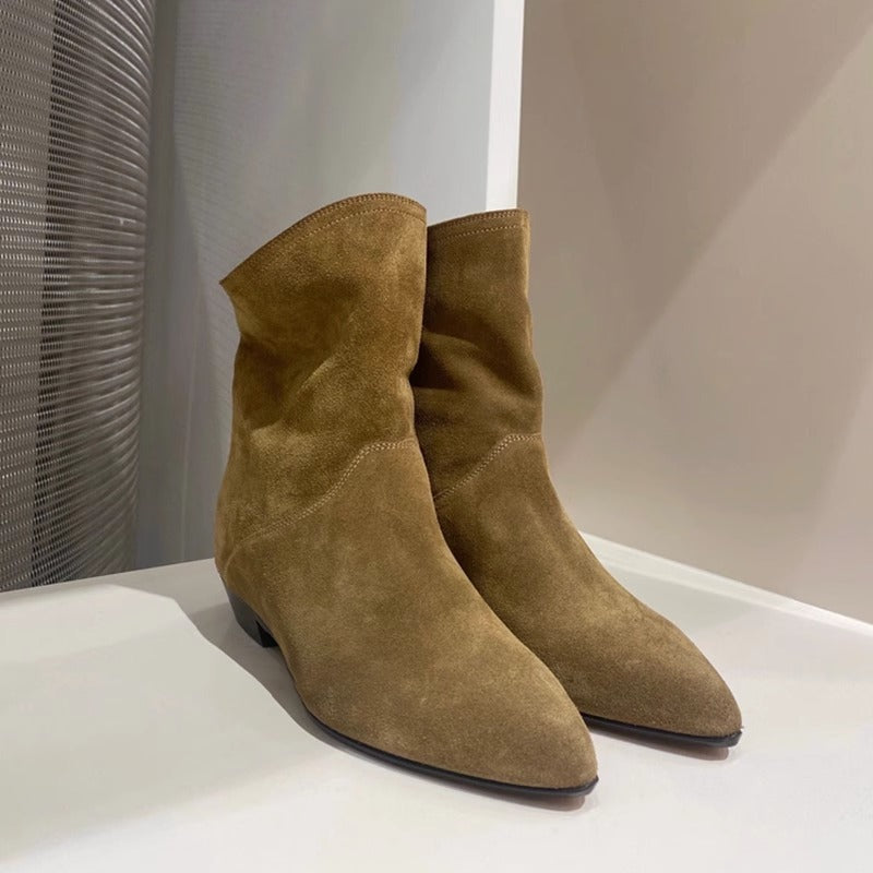 Women's Genuine Retro Oblique Wide Short Flat Pointed Western Cowboy Ankle Women's Leather Boots