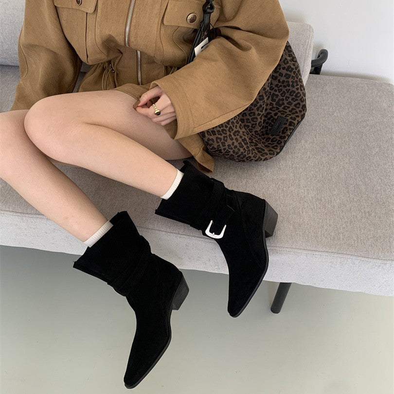 Women's French Style Square Toe Booties Chunky Ankle Vintage Crumpled Boots