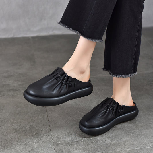 Women's Closed Toe First Layer Cowhide Outer Wear Thick-soles Slippers