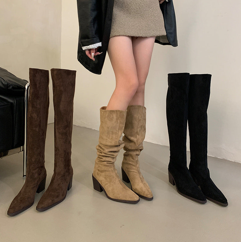 Women's Elegant Chunky Khaki Over The Knee Women's Leather Boots