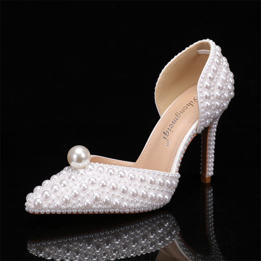 Women's Low-cut Pumps Pointed High Thin Heeled Pearl Heels
